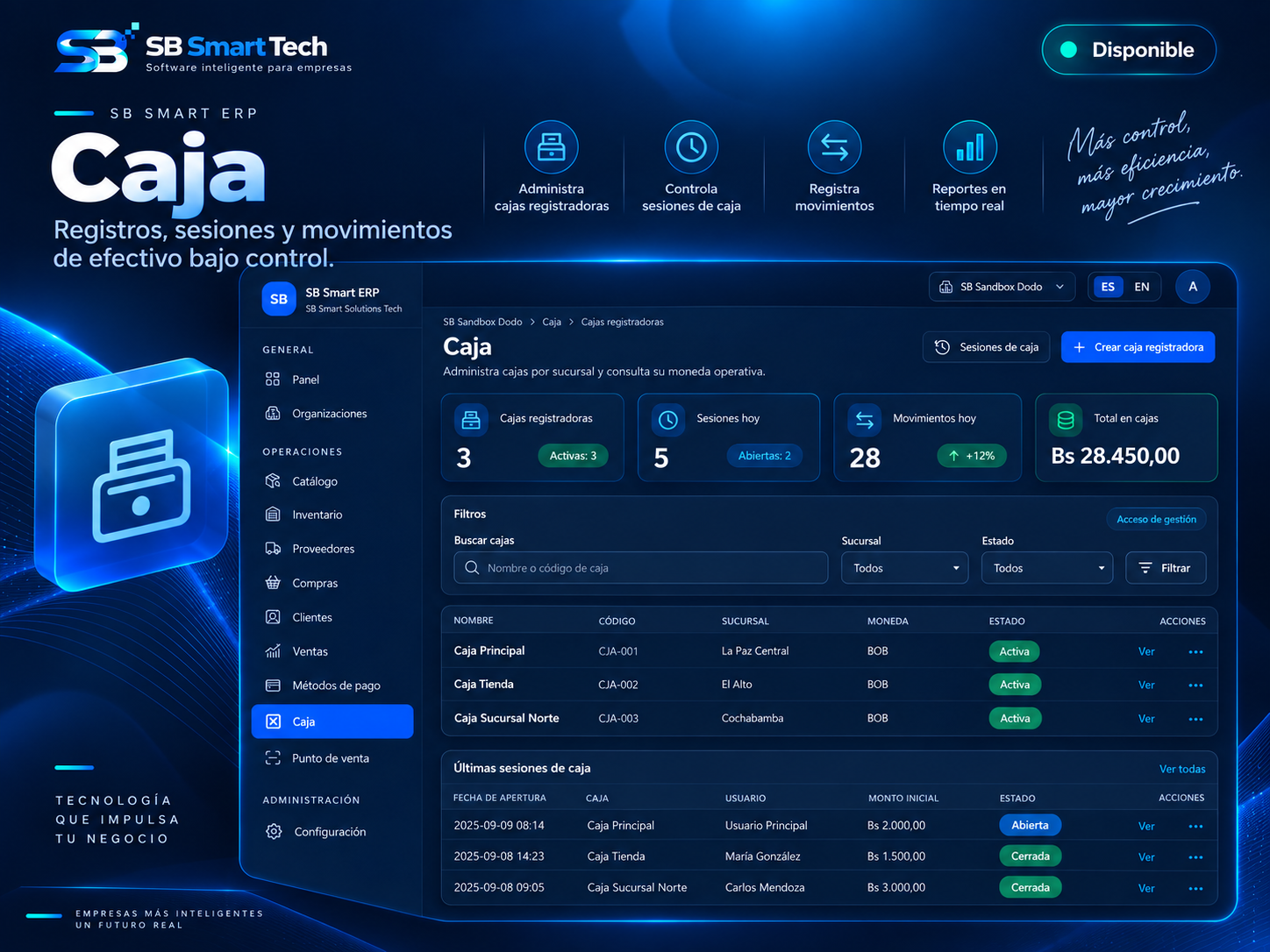 Captura del módulo Caja de SB Smart ERP.