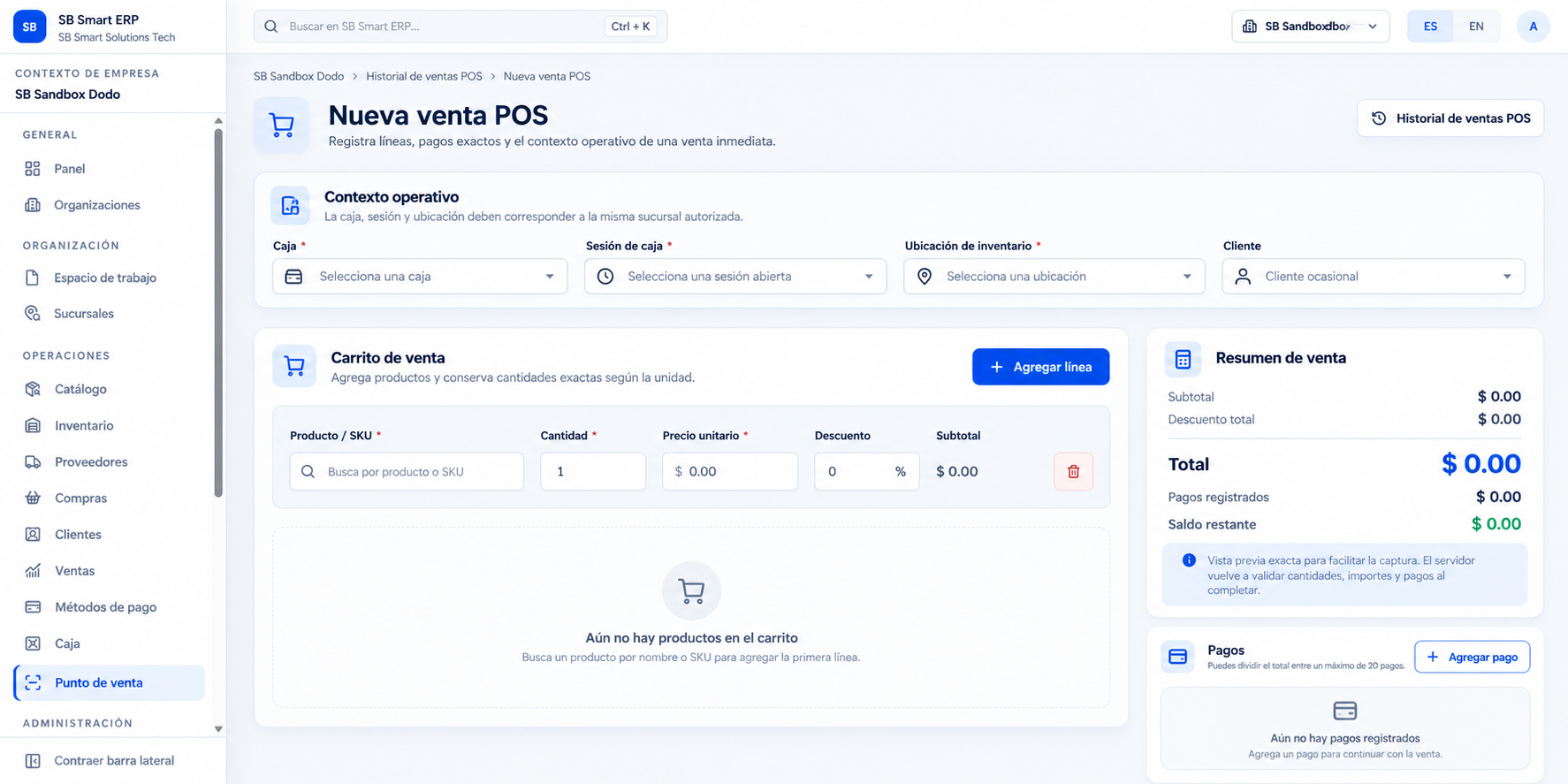 Pantalla real de nueva venta POS con contexto operativo, carrito, resumen de venta y pagos.